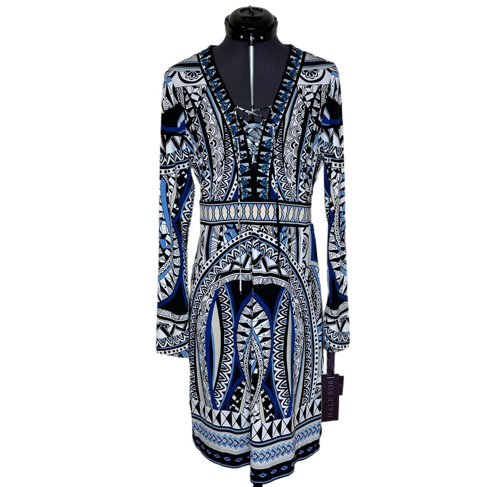 Hale Bob Mosaic Print Lace Up Jeweled Neckline Dress NWT
